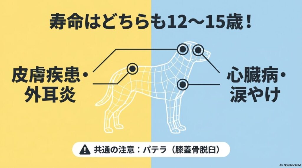 寿命はどちらも12から15歳。ビションは皮膚疾患・外耳炎に注意、マルチーズは心臓病・涙やけに注意。共通の注意としてパテラ（膝蓋骨脱臼）を挙げる図解