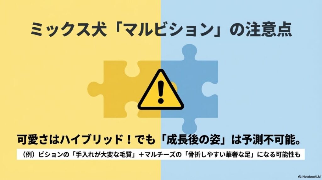 ミックス犬マルビションは可愛さはハイブリッドだが成長後の姿は予測不可能。ビションの手入れが大変な毛質とマルチーズの華奢な足になる可能性もあるという注意喚起