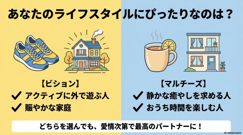 アクティブな人や賑やかな家庭にはビションフリーゼ、静かな癒やしやおうち時間を楽しむ人にはマルチーズがぴったりというライフスタイル別の適合図