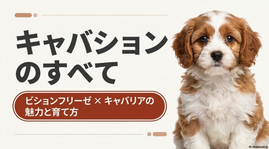 ビションフリーゼとキャバリアのミックス「キャバション」の魅力と育て方を解説するガイドの表紙画像。
