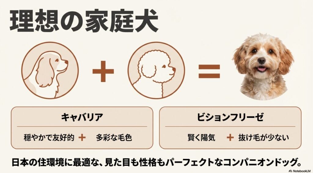 穏やかで多彩な毛色を持つキャバリアと、賢く抜け毛が少ないビションフリーゼを掛け合わせた、日本の住環境に最適なコンパニオンドッグとしての方程式を示したスライド。