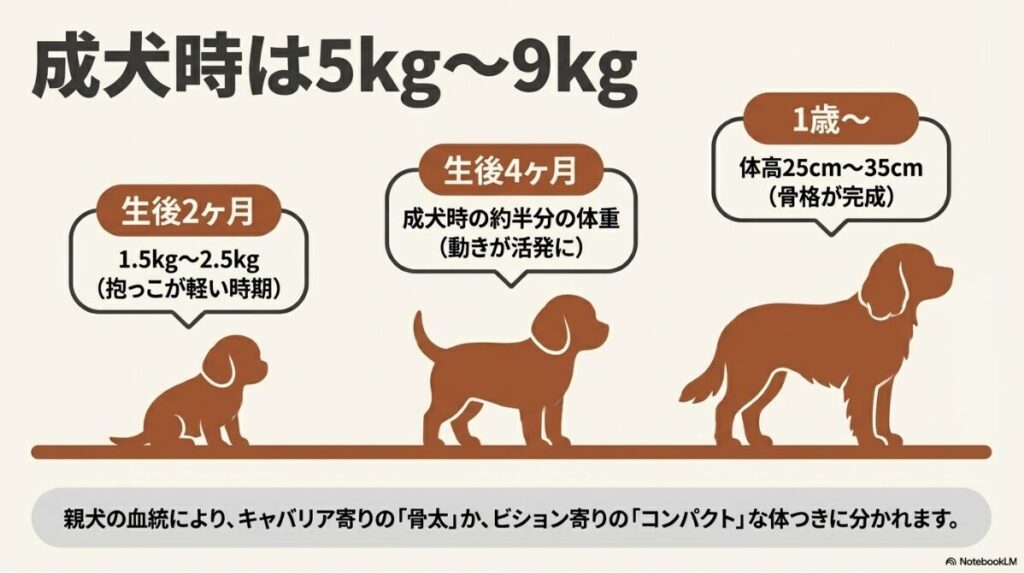 成犬時のサイズ（5kg〜9kg、25cm〜35cm）や、生後2ヶ月、4ヶ月、1歳時点での体重目安と身体的特徴の変化をまとめた表と解説。