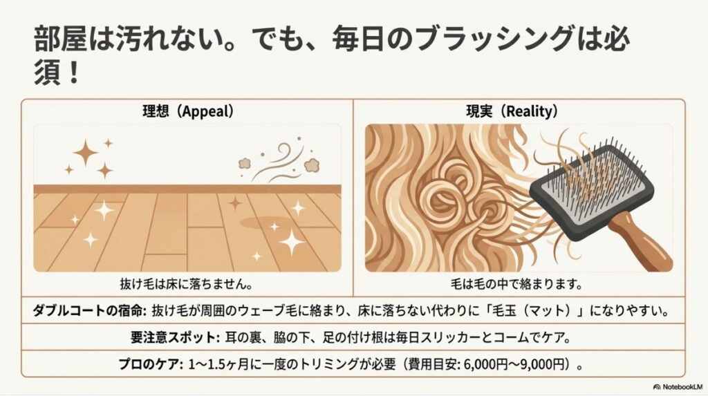 抜け毛は床に落ちないが毛の中で絡まって毛玉になりやすい特性の説明と、毎日のお手入れ箇所、プロのトリミング費用目安（6,000円〜9,000円）を記載した比較画像。