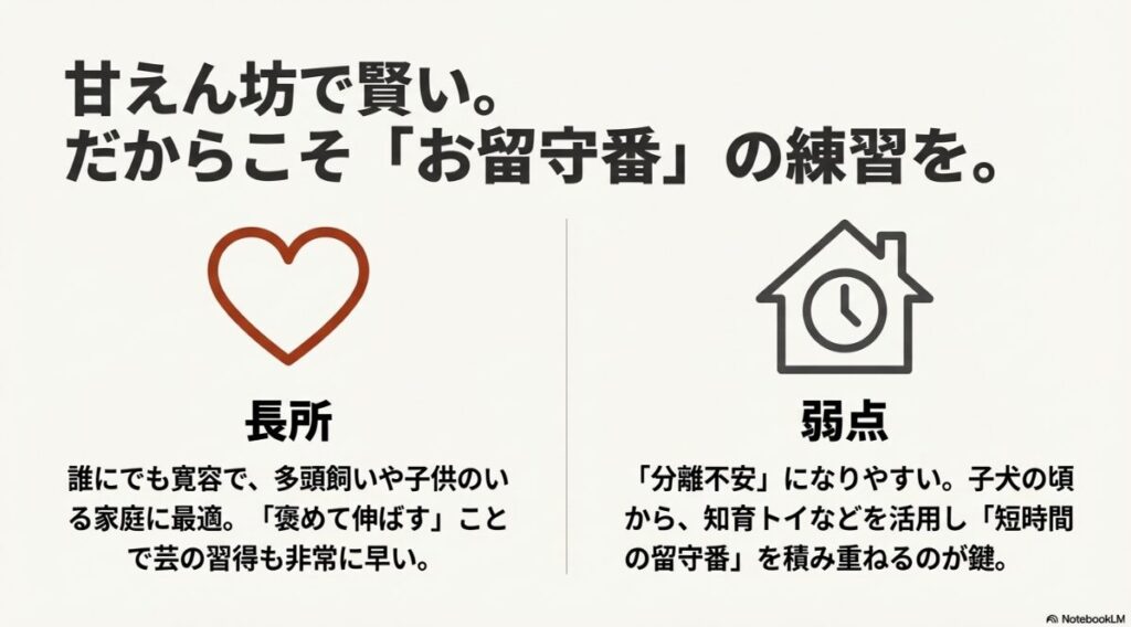 誰にでも寛容で芸の習得が早いという長所と、分離不安になりやすいという弱点、および知育トイを活用した留守番練習の重要性を説いたスライド