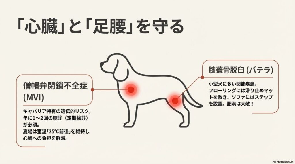 キャバリア特有の遺伝的リスクである僧帽弁閉鎖不全症（MVI）の検診、夏場の室温管理（25℃前後）、および膝蓋骨脱臼（パテラ）対策の滑り止めマット活用などを図解したスライド