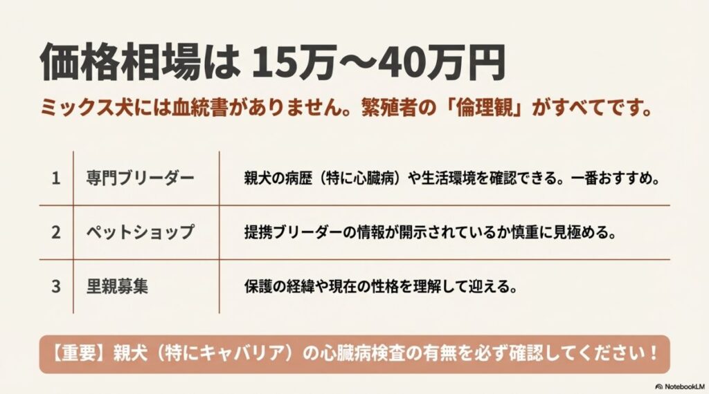 価格相場（15万〜40万円）や血統書がないことの説明、専門ブリーダー・ペットショップ・里親それぞれの特徴と、親犬の心臓病検査確認の重要性をまとめたリスト。