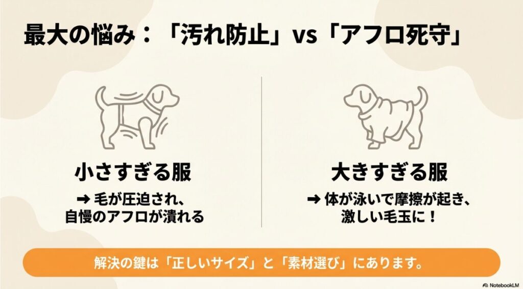 小さすぎる服でアフロが潰れる様子と、大きすぎる服で摩擦が起き毛玉になる様子を比較し、サイズと素材選びが解決の鍵であることを示す図解