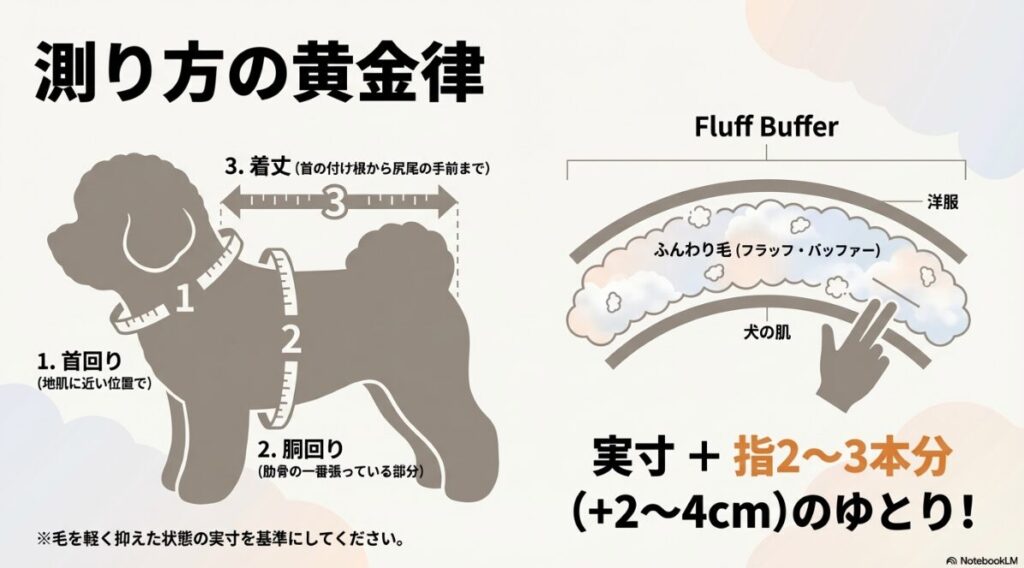 首回り、胴回り、着丈の計測ポイントを番号順に示したイラストと、実寸に指2〜3本分のゆとりを持たせる「測り方の黄金律」の解説図