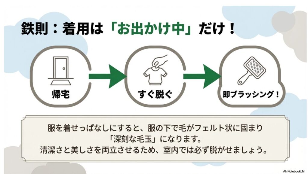 帰宅したらすぐに服を脱がせ、即ブラッシングを行うステップを示したフローチャート。着せっぱなしによるフェルト状の毛玉防止を啓蒙する図