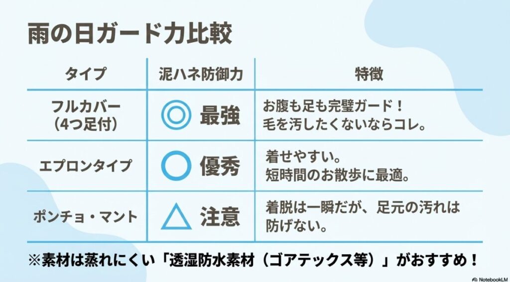 フルカバー、エプロン、ポンチョの3タイプについて、泥ハネ防御力を「最強・優秀・注意」でランク付けした比較表