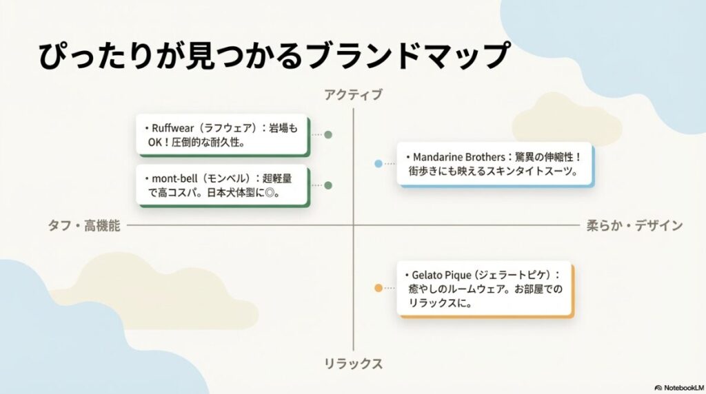 ラフウェア、モンベル、マンダリンブラザーズ、ジェラートピケの4ブランドを、アクティブ・タフ・リラックス・柔らかデザインの軸でマッピングした図