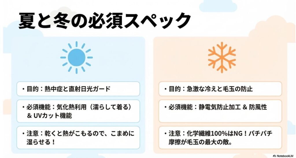夏は気化熱利用とUVカット、冬は静電気防止と防風性が必須であることを示し、それぞれの注意点をまとめたスライド