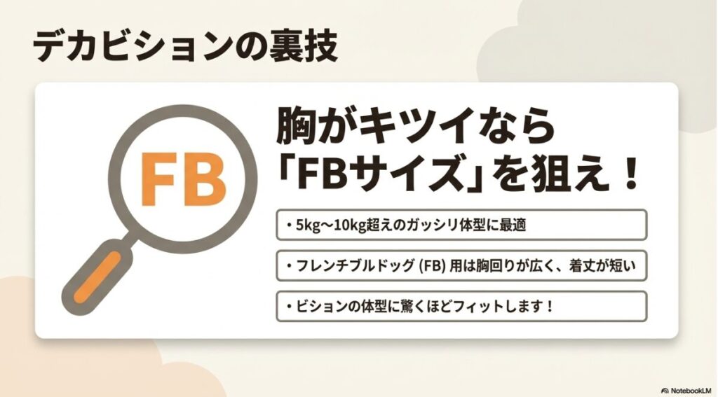 ガッシリ体型には胸回りが広く着丈が短いフレンチブルドッグ（FB）サイズがフィットすることを推奨する解説画像