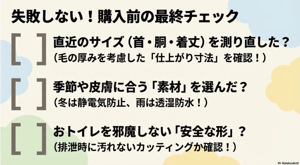 直近のサイズ計測、素材の選定、排泄を邪魔しない形の3点を確認するためのチェックリスト画像