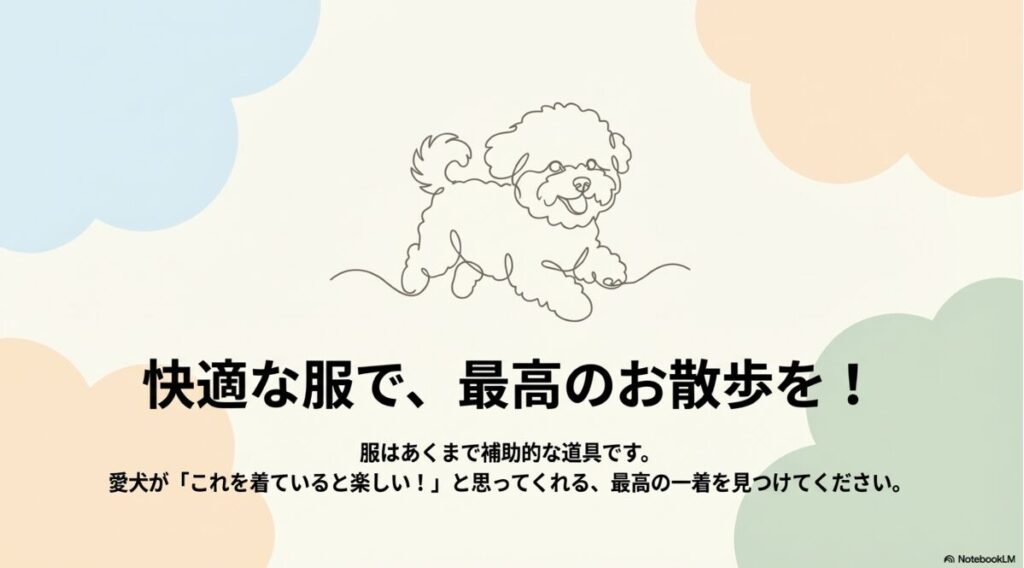 元気に走るビションフリーゼのイラストとともに「快適な服で、最高のお散歩を！」と書かれた結びの画像