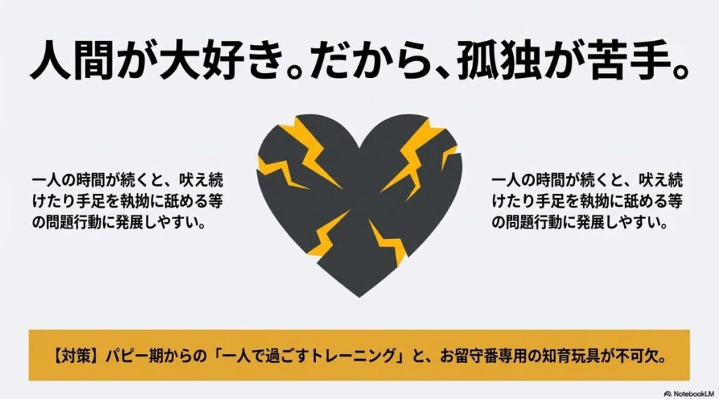 分離不安になりやすい傾向への理解と、知育玩具の活用や数分から始める段階的な留守番練習の方法についてまとめたスライド