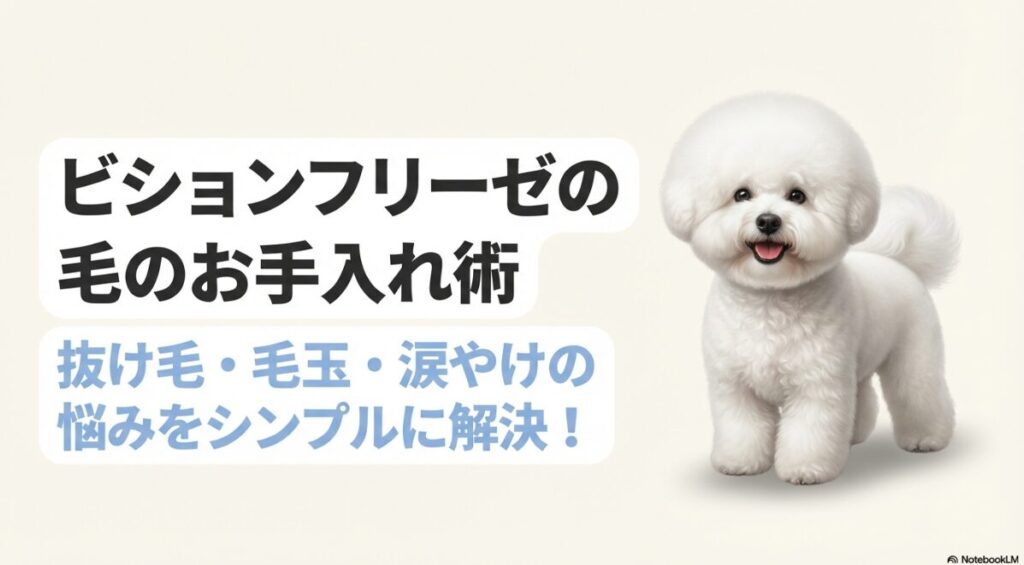 「ビションフリーゼの毛のお手入れ術 抜け毛・毛玉・涙やけの悩みをシンプルに解決！」と書かれた、本記事のアイキャッチ画像