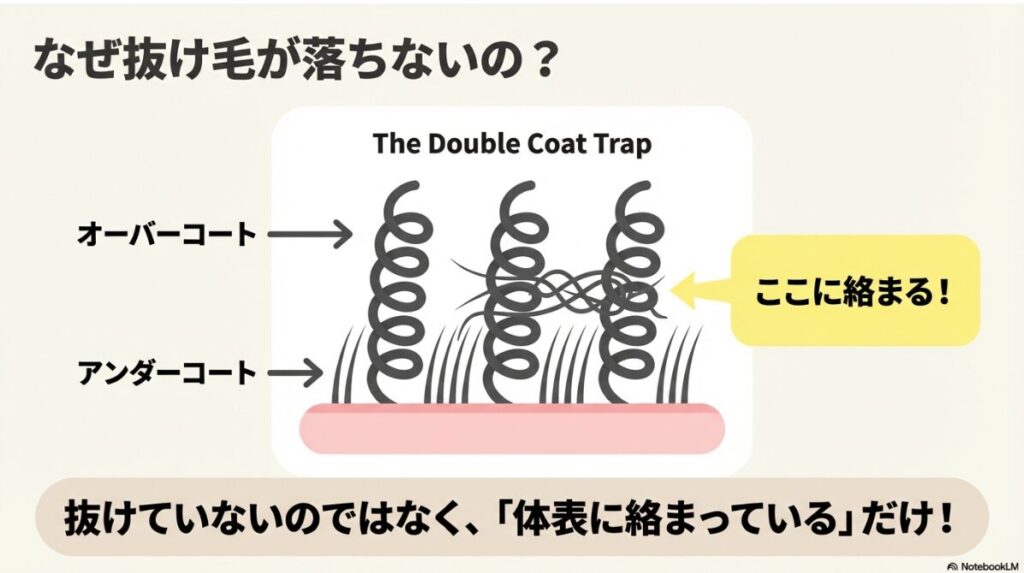 オーバーコートとアンダーコートの二層構造を示した図。抜けた毛が螺旋状の毛に絡まり「トラップ」される様子が描かれている