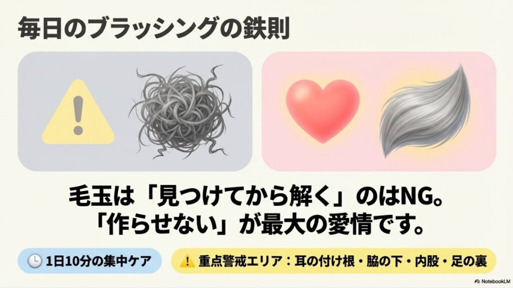 毛玉のイラストとともに、「毛玉は作らせないのが最大の愛情」というメッセージ。耳の付け根・脇の下・内股・足の裏が重点エリアとして示されている
