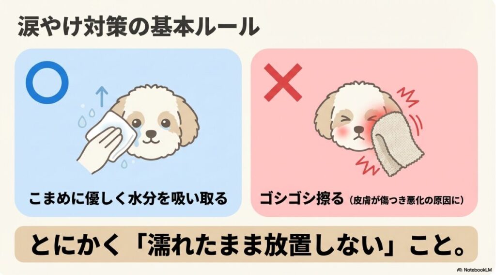 ビションフリーゼの目の周りを優しく拭き取るイラスト。「こまめに水分を吸い取ること」「ゴシゴシ擦らないこと」がルールとして書かれている
