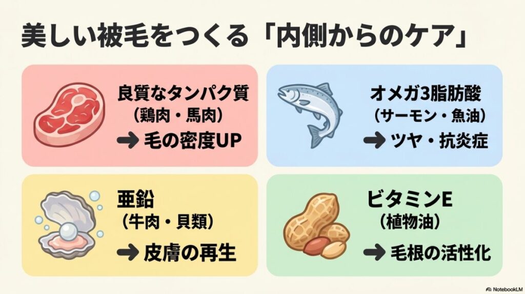 タンパク質、亜鉛、オメガ3脂肪酸、ビタミンEといった栄養素と、それらを含む食材（鶏肉、魚、貝類など）のイラスト