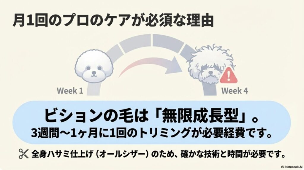 3週間から1ヶ月で毛が伸びる様子を示した図。ビションの毛は「無限成長型」であり、月1回のトリミングが必要経費であることが示されている
