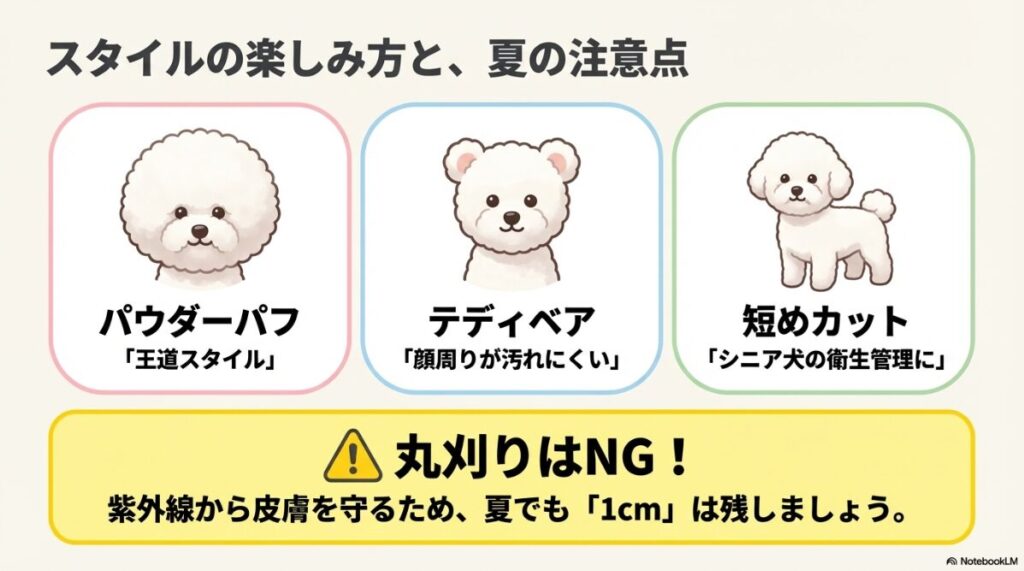 パウダーパフ、テディベア、短めカットの紹介。夏場でも紫外線を防ぐために「1cm」は毛を残すべきという警告が書かれている