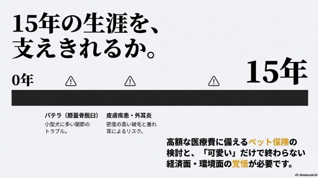 膝蓋骨脱臼（パテラ）や皮膚疾患など、ビションフリーゼに多いトラブルとペット保険の検討についてまとめたスライド