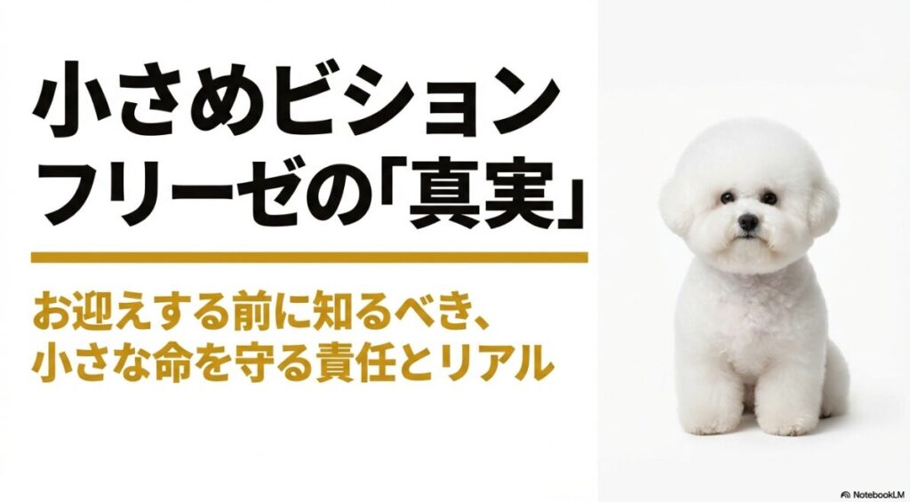 真っ白なビションフリーゼの子犬の画像と「小さめビションフリーゼの真実」というタイトルが入った導入スライド
