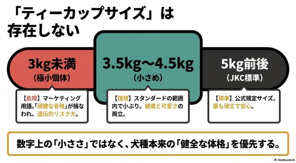 3kg未満の極小個体（危険）、3.5kg〜4.5kgの小さめ（理想）、5kg前後の標準サイズの特徴とリスクを比較した図解 