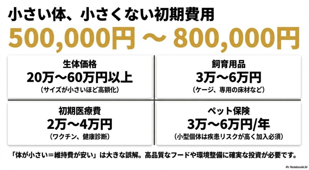 生体価格、医療費、用品、保険を含めた初期費用の総額が50万〜80万円になることを示した費用の内訳スライド