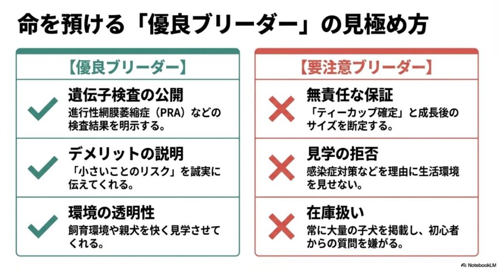 遺伝子検査の公開など優良なポイントと、見学拒否などの要注意なサインをまとめたブリーダーチェックリスト