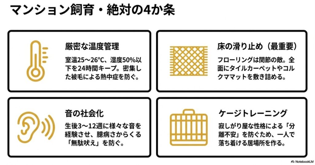 温度管理、床の滑り止め、音の社会化、ケージトレーニングの4つのアイコン付き図解