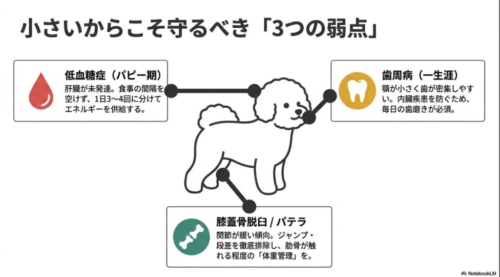 パピー期の低血糖症、一生涯の歯周病、関節の膝蓋骨脱臼（パテラ）という3つの弱点と対策箇所を示した犬のイラスト入りスライド