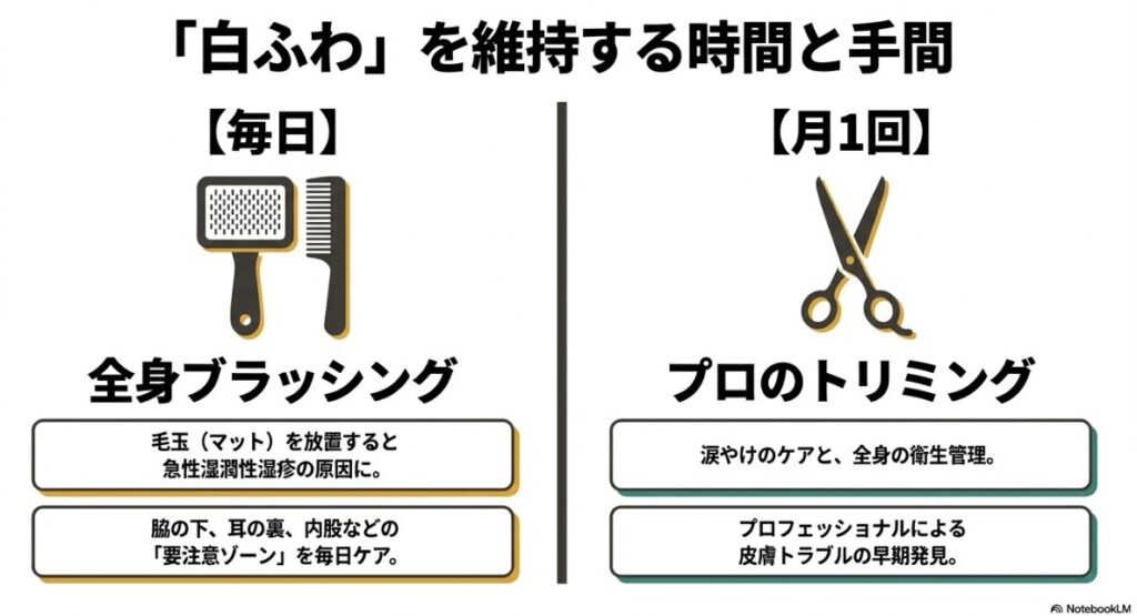 毎日の全身ブラッシングと月1回のプロによるトリミングの目的と重要性をまとめたお手入れガイド