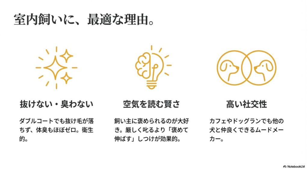 ダブルコートでありながら抜け毛が極めて少なく、体臭も気になりにくいという衛生的な利点をまとめたスライド
