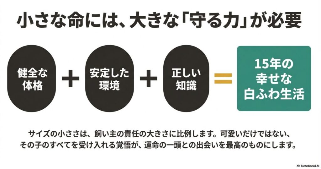 健全な体格、安定した環境、正しい知識を合わせることで、15年の幸せな生活が実現することを示すまとめのスライド