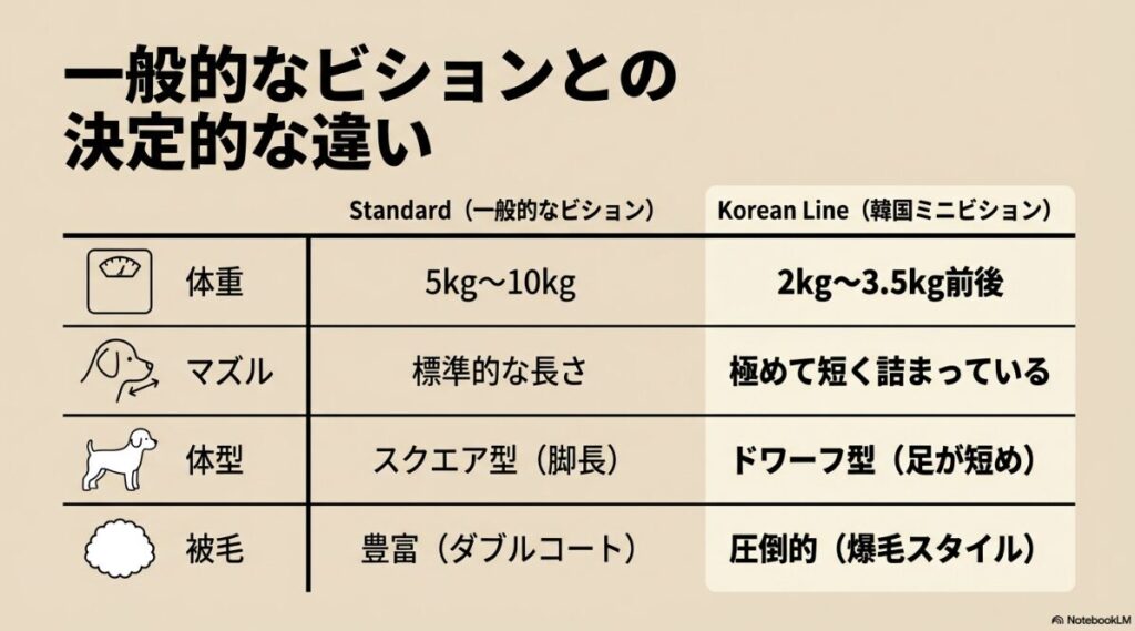 標準的なビション（5-10kg）と韓国ライン（2-3.5kg）の体重、マズル、体型、被毛の違いをまとめた比較図
