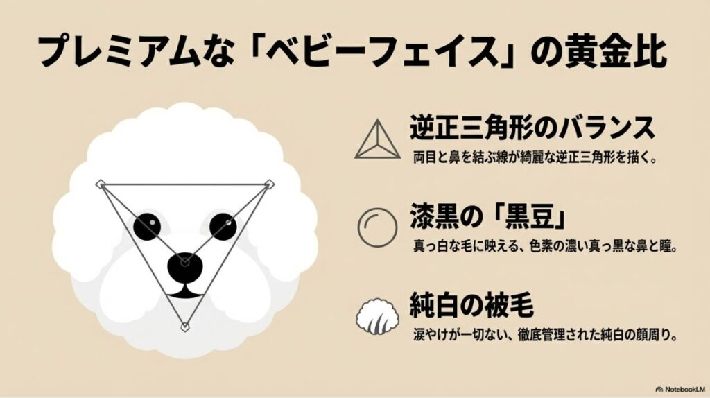 ビションの顔のイラストに、両目と鼻を結ぶ逆正三角形のラインと「黒豆」と呼ばれる目鼻のバランスを解説した図