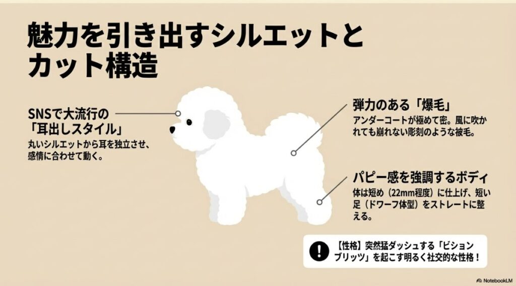 SNSで人気の耳出しスタイル、爆毛の密度、パピー感を出すボディカットのポイントと性格の解説図