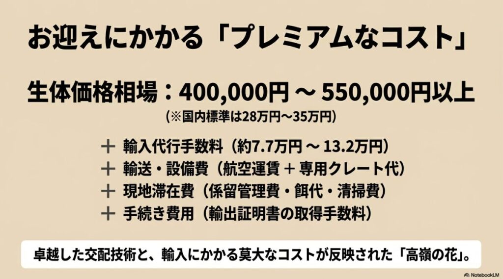 40万円から55万円以上の生体価格に加え、輸入代行手数料、滞在費、手続き費用などのコストを積み上げたリスト図