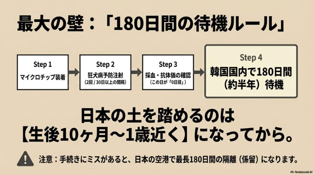 マイクロチップ装着から狂犬病予防注射、抗体価確認、180日間の待機を経て日本入国までの流れを説明したフローチャート
