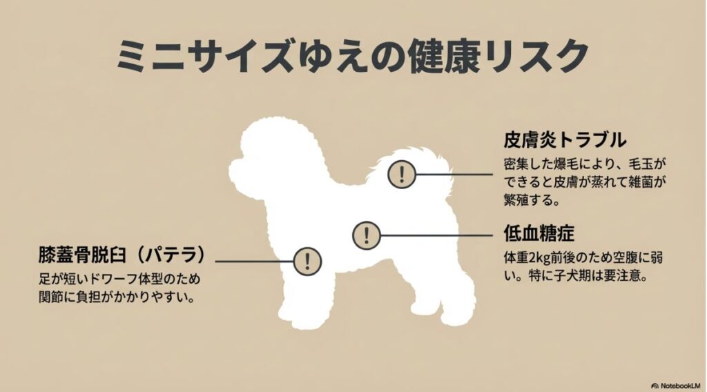 足の短い体型によるパテラ、密集した毛による皮膚炎、低血糖症といった3つの健康リスクを説明した図
