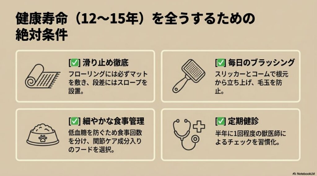 滑り止めマットの徹底、毎日のブラッシング、食事管理、定期健診の4つの必須条件をまとめたチェックリスト図