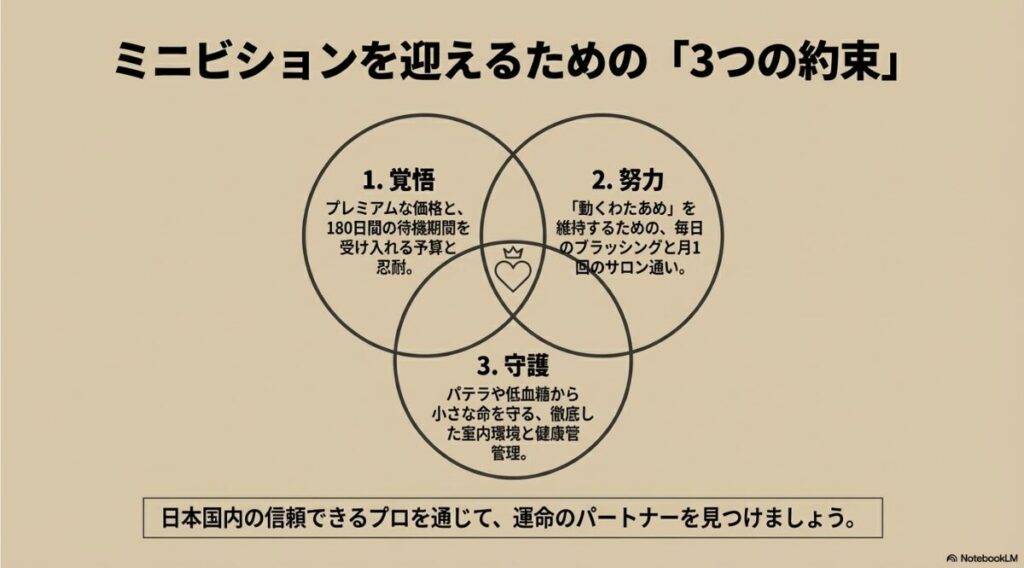 覚悟（予算）、努力（ケア）、守護（環境）の3つの円が重なり、中央にハートが描かれた「お迎えの約束」のベン図