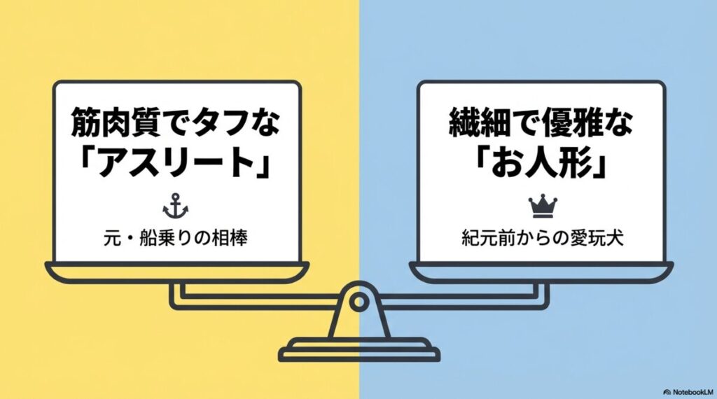 ビションフリーゼは筋肉質でタフなアスリート、元船乗りの相棒。マルチーズは繊細で優雅なお人形、紀元前からの愛玩犬という比較図
