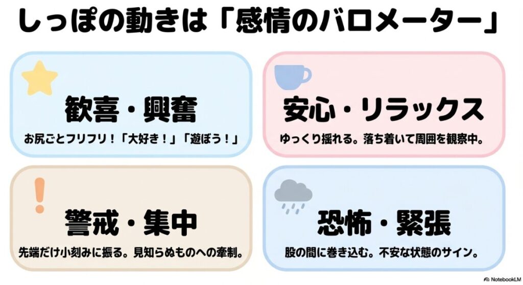 歓喜（お尻ごと振る）、リラックス、警戒、恐怖（股の間に巻き込む）といった感情別のしっぽの動きをまとめた図解。