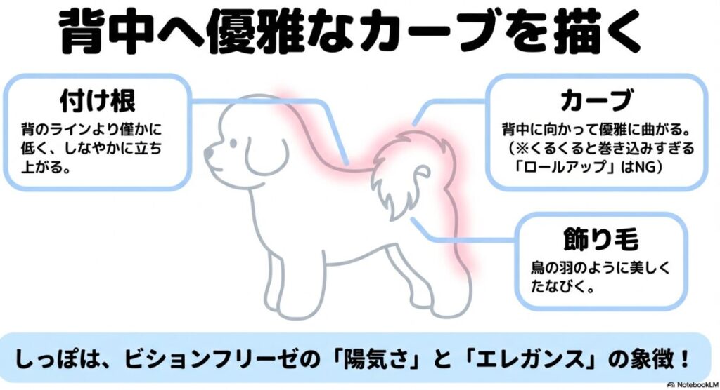 しっぽの付け根が背のラインより僅かに低く、背中に向かって優雅なカーブを描くスタンダードな形状の解説図
