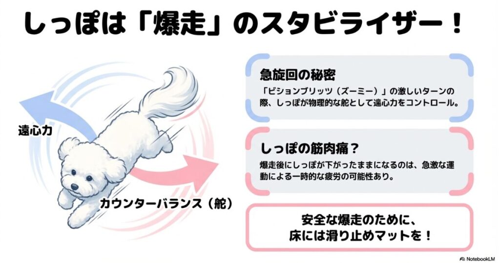 急旋回時の遠心力をコントロールする「舵」としての仕組みと、爆走後の疲労、滑り止めマットの重要性の解説