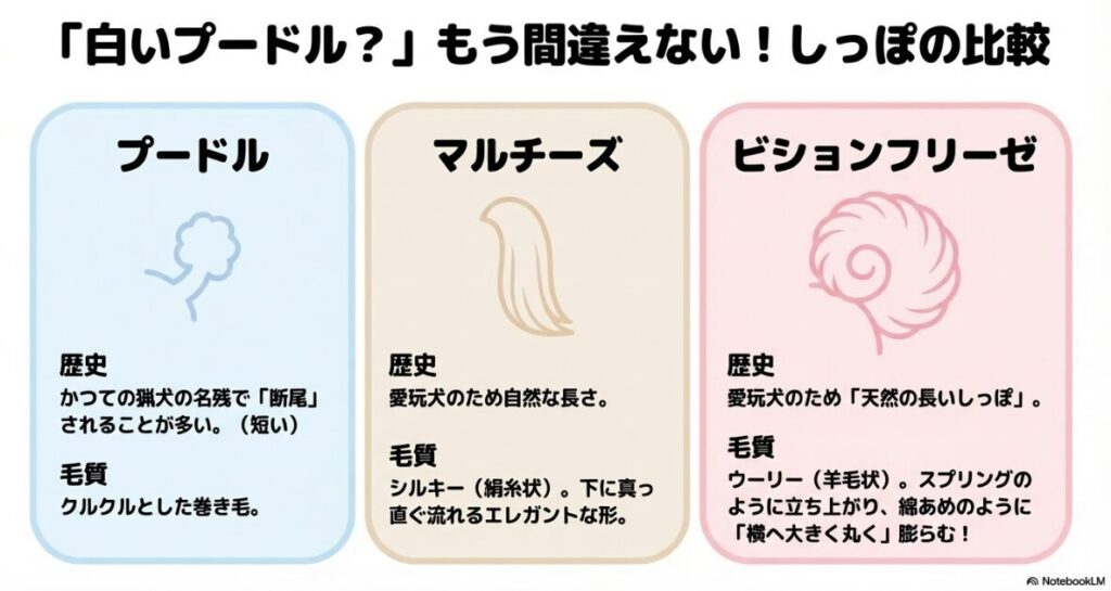 歴史（断尾の有無）と毛質（ウーリー、シルキーなど）の違いから、3犬種のしっぽの形状の差を説明する比較スライド。